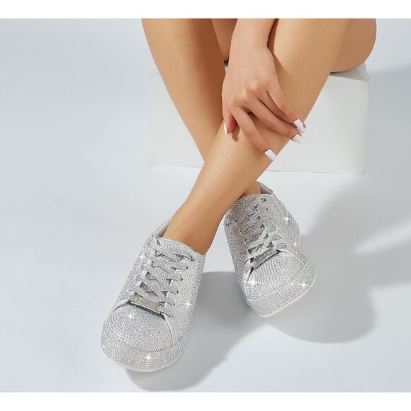 Women's Silver Platform Rhinestone Fashion Glitter Sneakers Sparkly Shiny Shoes - Picture 6 of 9